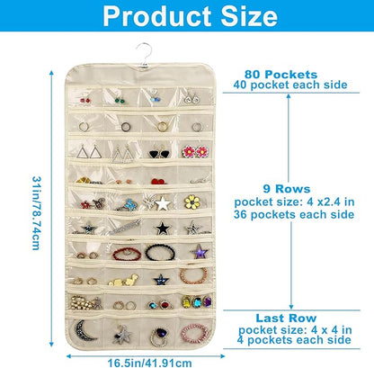 Zorfeter Hanging Jewelry Organizer, 80 Pocket Accessories Organizer Clear Pockets Jewelry Holder, Dual-sided Storage for Closet/Earrings, Necklaces, Rings