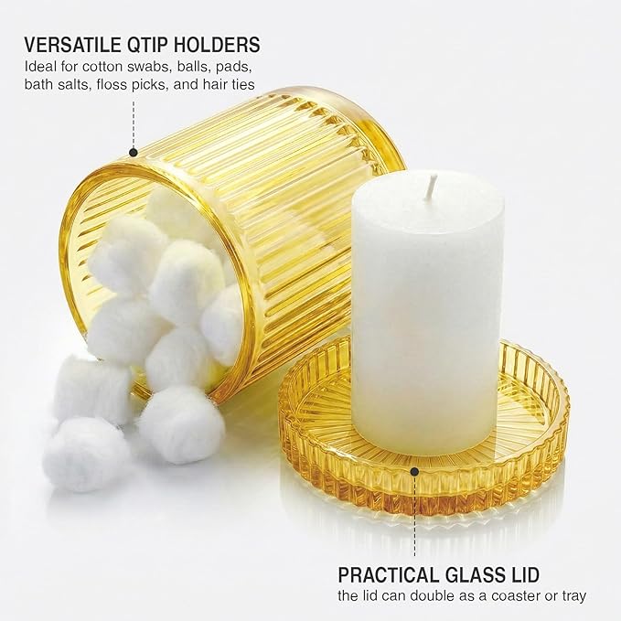 2 Pack Qtip Holder - Apothecary Jars with Lids, Bathroom Organizers and Storage Canister for Cotton Balls,Swabs,Floss Picks,Hair Ties,Clear Glass Vintage Bathroom Decor Jar Set (yellow)