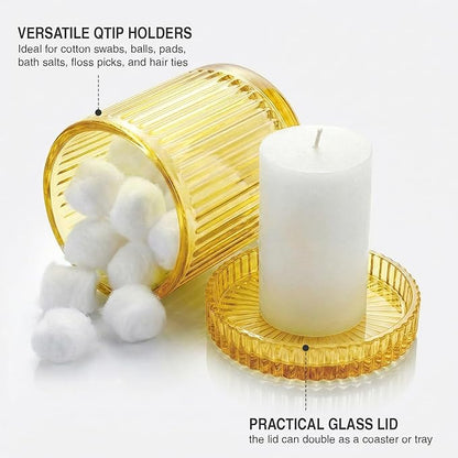 2 Pack Qtip Holder - Apothecary Jars with Lids, Bathroom Organizers and Storage Canister for Cotton Balls,Swabs,Floss Picks,Hair Ties,Clear Glass Vintage Bathroom Decor Jar Set (yellow)
