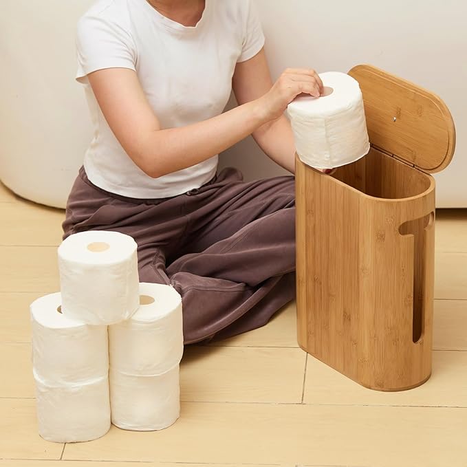 Gobam Bamboo Toilet Paper Storage with Dual-Use Lid, Freestanding Bathroom Tissue Organizer with Viewing Slot, Built-In Handle, Anti-Slip Base, Compact Toilet Paper Holder Stand for up to 6 Mega Rolls