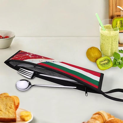 COEQINE American Flag Themes Utensil Holder Case Fork Spoon Knife Organizer Pouch With Handles, Mexico Independence Day Decoration, Fashion Silverware Bags With Handles for Work Travel