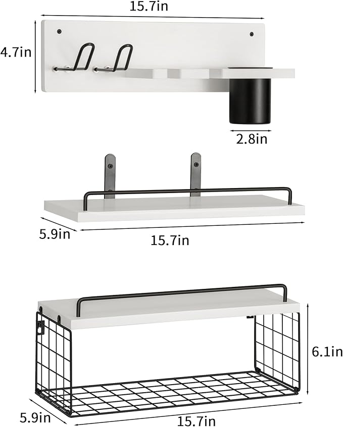 3-Tier Bathroom Floating Shelves with Curling Iron Holder & Hair Tool Organizer, Wall Mounted Rustic Wood Storage Rack Over Toilet with Hair Dryer Holder for Bathroom Decor & Organization