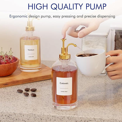 16.9 oz (500 ml) Coffee Syrup Dispenser Set - 2 Glass Bottles with Gold Pumper and Syrup Labels - Precise Dispensing and Stylish Addition to Coffee Shop, Cafe or Home Bar
