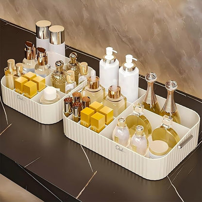 DASITON Large Capacity Makeup Organizer,12 Slots Makeup Brush Holder,Makeup Storage with Handle,Vintage Striped Cosmetic Organizer for Bathroom Countertops,Desk Storage Container(Cream)