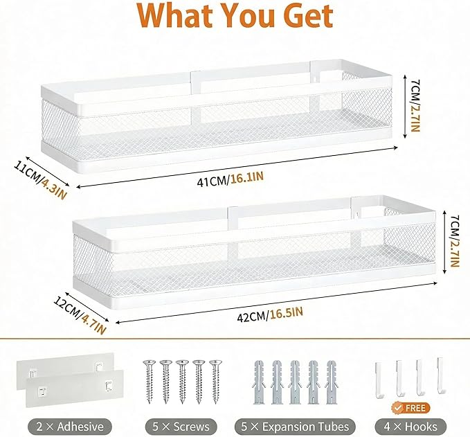 PUSDON 16.5-Inch Extra Long Slim Mesh Shower Caddy, Wall Mounted Bathroom Organizer with Adhesive, Heavy Duty Rustproof Shelf for Narrow Kitchen Pantry & RV, Holds 50 LBS 2-Pack - White Netting