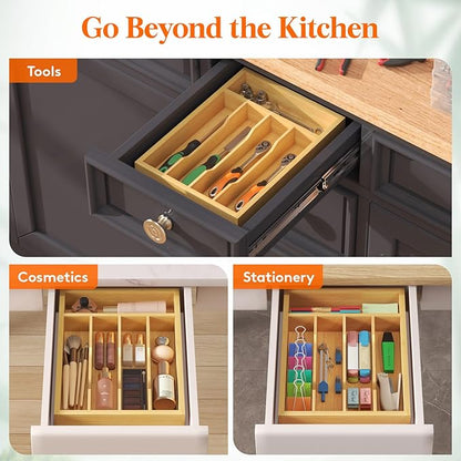 Lifewit Silverware Drawer Organizer, Utensil Tray for Kitchen, Flatware and Cutlery Holder, Storage for Spoons Forks Knives, 8.6 x 12.5", Natural