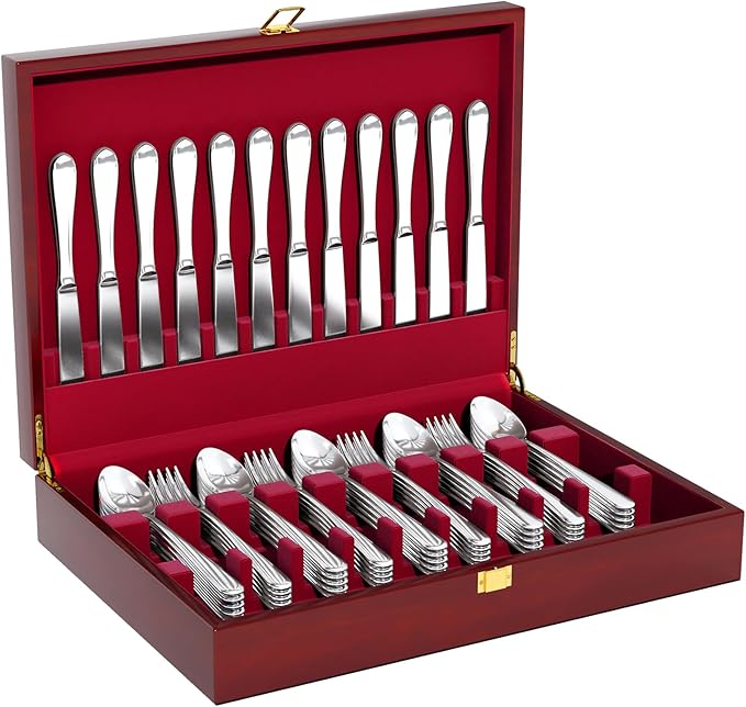 Solid Mahogany Silverware Storage Box,Silverware Chest without Silverware,Flatware Case with Red Felt Lined and Lid,Silverware Boxes for Flatware,Wooden Flatware Storage Box for 12 Sets of Utensils