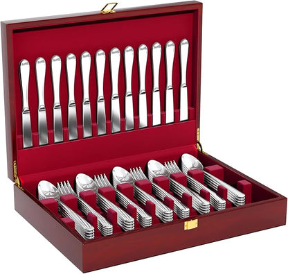 Solid Mahogany Silverware Storage Box,Silverware Chest without Silverware,Flatware Case with Red Felt Lined and Lid,Silverware Boxes for Flatware,Wooden Flatware Storage Box for 12 Sets of Utensils