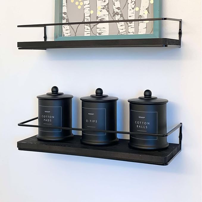 Ronasip 3 Pack Qtip Holder Dispenser, 16oz Bathroom Organizer and Storage Canisters, Glass Apothecary Jars with Lid - Home Decor, Room Decor Aesthetic (Black)