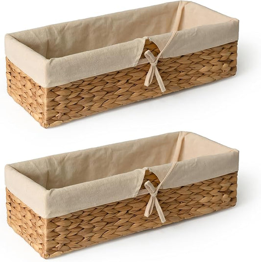 Tank Topper Storage Baskets - Woven Wicker Basket for Toilet Paper Holder, Baskets for Vanity, Bathroom, Pantry Organizing, or Coffee Table Decor Pack of 02 Waterhyacinth