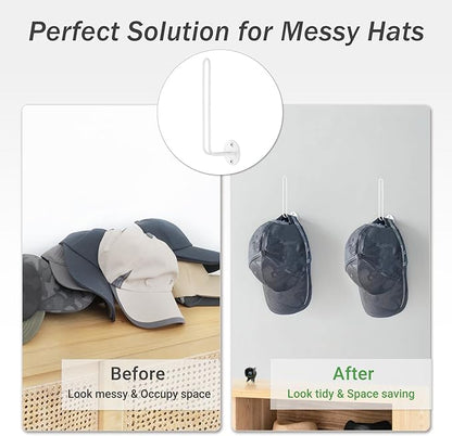Mkono Hat Organizer for Baseball Caps, Set of 2 Wall Hat Rack 5 Inches Space Saving Holds 20 Caps Modern L -Shaped Hat Hooks Wall Mount Hat Holder for Closet Bedroom Storage, Small, White