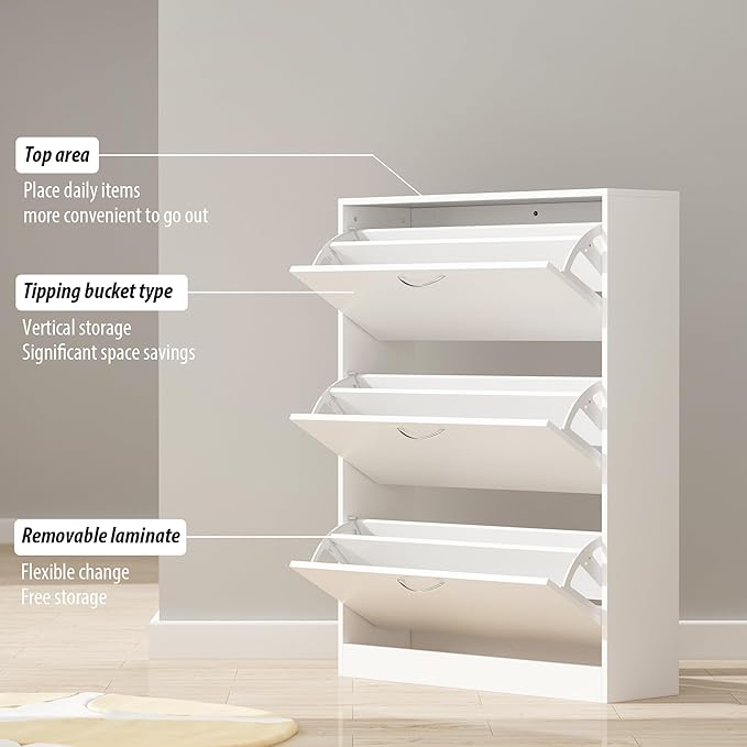 AGOTENI Shoe Cabinet with 3 Flip Drawers, Shoe Storage Organizer with 2-Tier Shelf, Freestanding Shoe Rack for Entryway Hallway, Living Room, White