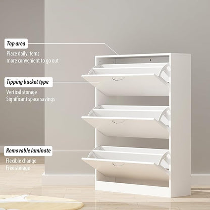 AGOTENI Shoe Cabinet with 3 Flip Drawers, Shoe Storage Organizer with 2-Tier Shelf, Freestanding Shoe Rack for Entryway Hallway, Living Room, White