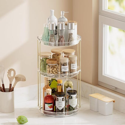 Delamu 3 Tier Rotating Makeup Organizer for Vanity, Skincare Organizer for Bathroom Counter, Spinning Perfume Organizer Cosmetic Holder with Large Capacity, Clear