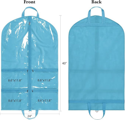 KEEGH Clear Garment Bags for Dance Costumes 40 inch Dance Garment Bags for Dancers Hanging Clothes for Closet Storage, with 4 Zipper Pockets for Dance Competitions, Ballet, Theatre, 6 Pack, Blue