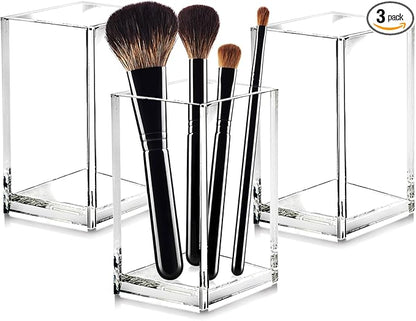 Cerpourt 3 Pack Clear Acrylic Makeup Brush Holder,Acrylic Cosmetic Brushes Storage Organizer,Pencil Pen Holder Cup for Desk,Modern Design Desk Accessories for Office School Home Supplies