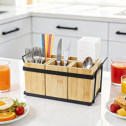 MECHEER Kitchen Silverware Caddy Utensil Holder for Party Paper Plate Holders Flatware Cutlery Organizer Wood Utensil Holder with Removable Dividers for Forks Plates Spoons