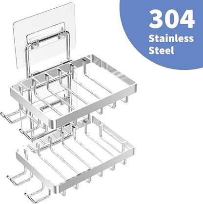 Moforoco Silver Double Soap Bar Holder for Shower, No Drilling Rustproof Stainless Steel, Wall Mounted Soap Holder with 4 Hooks and Razor Holder, Shower Rack Soap Tray Bar Soap for Bathroom & Kitchen