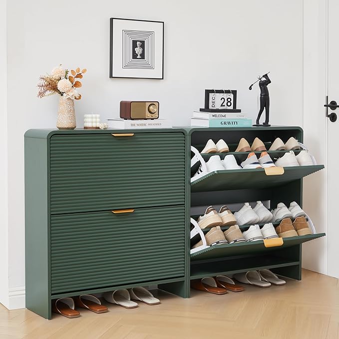 RARZOE Set of 2 Fluted Shoe Storage Cabinets for Entryway, Narrow Curved Shoe Cabinet with 2 Flip Drawers, Wood Hidden Shoe Organizer Closed Shoe Rack Cabinet for Foyer,Hallway (29.5''Green)