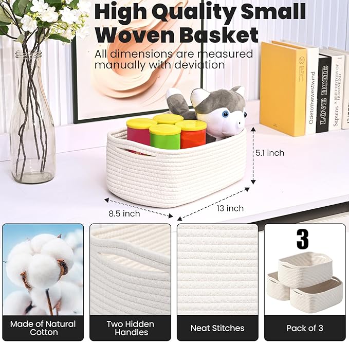 ICERZCZ Small Storage Baskets for Organizing, Organizing Baskets for Shelves, Small Cute Basket for Gifts Empty, Organizer Basket for Decor, 13"×8.5"×5.1" (3 Packs) Off White