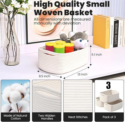 ICERZCZ Small Storage Baskets for Organizing, Organizing Baskets for Shelves, Small Cute Basket for Gifts Empty, Organizer Basket for Decor, 13"×8.5"×5.1" (3 Packs) Off White