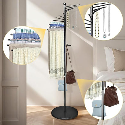 Metal Scarf Rack, Freestanding Spiral Scarf Holder Commercial Hijab Organizer Belt Pants Hanger 59‘’-67‘’ Height Adjustable with 22 Rods for Clothing Store Home, Space Saving Shelves (Color: Black)