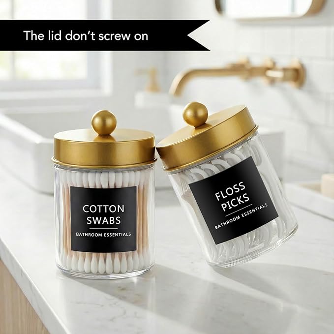 Amolliar 4 Pack Qtips Dispenser Holder - Bathroom Countertop Storage Organizer Containers - Glass Apothecary Jars with Gold Plastic Lid for Q-tips Cotton Balls, Swabs, Round Pads, Floss