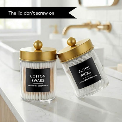 Amolliar 4 Pack Qtips Dispenser Holder - Bathroom Countertop Storage Organizer Containers - Glass Apothecary Jars with Gold Plastic Lid for Q-tips Cotton Balls, Swabs, Round Pads, Floss