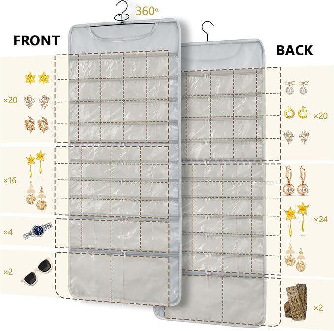 FOREGOER Hanging Jewelry Organizer with 88 Zippered Pockets, Dustproof Foldable for Travel, Accessories Organizer for Holding Jewelries, Earring Organizers and Storage ((Gray)