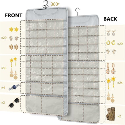 FOREGOER Hanging Jewelry Organizer with 88 Zippered Pockets, Dustproof Foldable for Travel, Accessories Organizer for Holding Jewelries, Earring Organizers and Storage ((Gray)