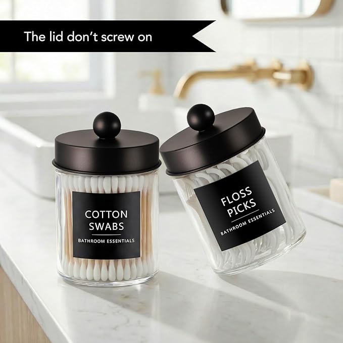 Amolliar 4 Pack Qtips Dispenser Holder - Bathroom Countertop Storage Organizer Containers - Glass Apothecary Jars with Bronze Plastic Lid for Q-tips Cotton Balls, Swabs, Round Pads, Floss