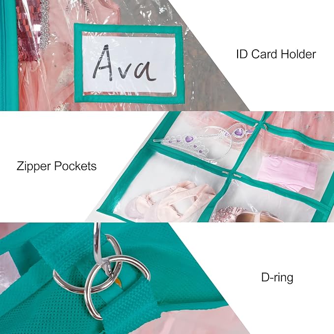 Univivi Clear Blue-green PVC Dance Costume Bags Garment Bag 40 Inch for Dance Competitions, with 4 Medium Clear Zipper Pockets and 1 Large Back Zippered Pocket (1 Pack)