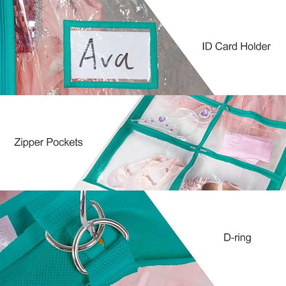 Univivi Clear Blue-green PVC Dance Costume Bags Garment Bag 40 Inch for Dance Competitions, with 4 Medium Clear Zipper Pockets and 1 Large Back Zippered Pocket (1 Pack)