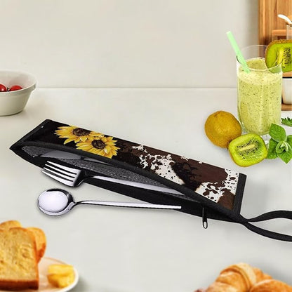Cow Sunflower Camping Cutlery Storage Bag, Outdoor Portable Party Kitchen Flatware Bag, Hanging Cutlery Organizer 11.8 Inch Waterproof Liner Straw Pouch Case