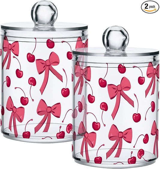 ALAZA 2 Pack Qtip Holder Dispenser for Cotton Ball Pink Cherry Bow Cotton Swab Round Pads Clear Plastic Acrylic Jar Set Bathroom Canister