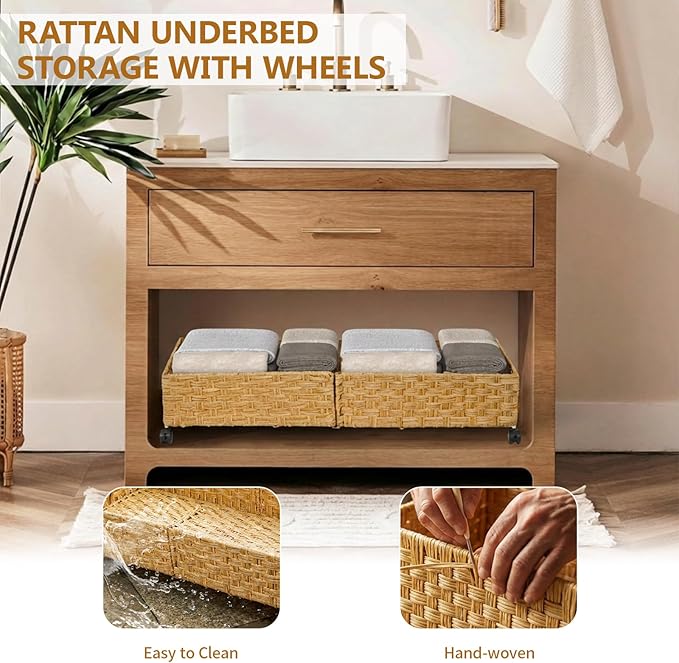 Under Bed Storage with Wheels, 31.5In/40L Large Rolling Underbed Storage Organizer Drawers Bins, Rattan Under the Bed Storage Containers with Handles, Space Saving Design for Clothes,Shoes,Books