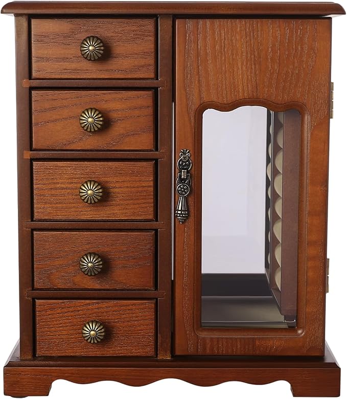 Wooden Jewelry Box, Jewelry Organizer with 5 Drawers, Large Storage Space Desktop Jewelry Storage Box with Anti-Slip Feet,for Organizing Necklaces, Bracelets, Earrings (Dark Wood Color)