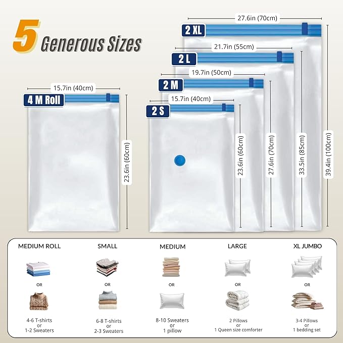 12 Pack Vacuum Storage Bags with Hand Pump, Compression Space Saver for Comforter, Bedding, Blanket Storage, Vacuum Seal Bags for Clothing, Travel Luggage Suitcase and Closet Organizer