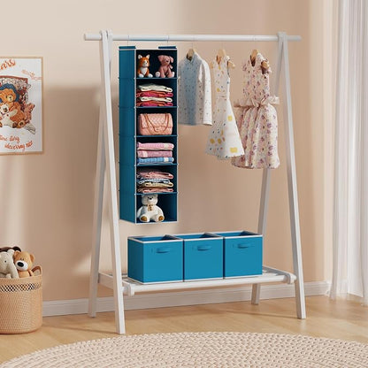 MAX Houser 6-Shelf Hanging Closet Organizer, Hanging Storage Shelves with 2 Sturdy Hooks Space-Saving for Bedroom, Foldable (Blue)