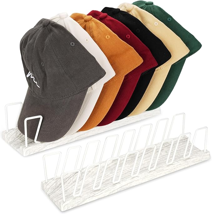 Hat Organizer for Baseball Caps - 14 Caps Organizer & Holder, Anti-Tip Metal Hat Rack & Display Stand, Quick-Install Hat Storage for Closet, Bedroom, Vanity (White wood grain，2 pack)