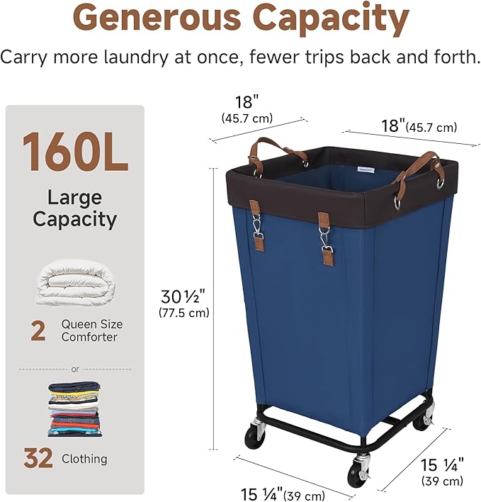 StorageWorks 160L Laundry Basket with Wheels, Large Rolling Hampers for Clothing Organizer, Dirty Clothes Basket for Hotel, Home, Closet, Dorm, Blue