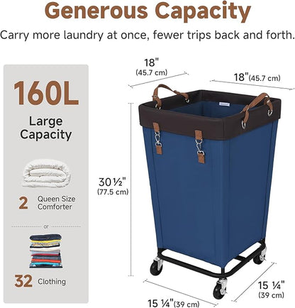 StorageWorks 160L Laundry Basket with Wheels, Large Rolling Hampers for Clothing Organizer, Dirty Clothes Basket for Hotel, Home, Closet, Dorm, Blue