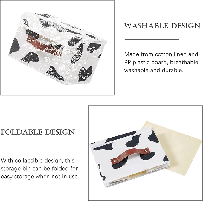 Storage Bin with Lid Cow Print Cute Fabric Storage Basket Box with Faux Leather Handles PP Plastic Board Foldable Washable Lidded Cotton Linen Closet Shelf Organizer Container (Large Size)