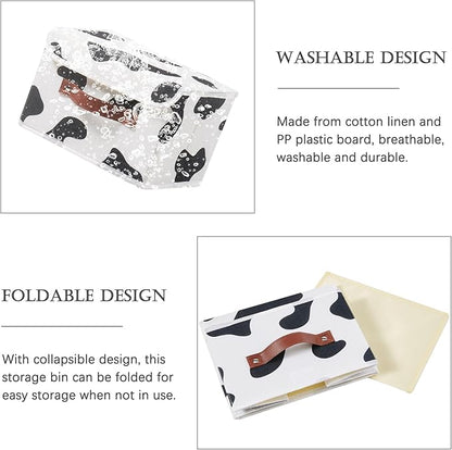 Storage Bin with Lid Cow Print Cute Fabric Storage Basket Box with Faux Leather Handles PP Plastic Board Foldable Washable Lidded Cotton Linen Closet Shelf Organizer Container (Small Size)