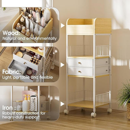 TidyStash Rolling Cart with Drawers 4-Tier Storage Cart with Large Drawers, Heavy-Duty Steel Frame and Wood Shelves Organizer for Makeup, Skincare Bathroom Kitchen Dorm Vanity Home Supplies