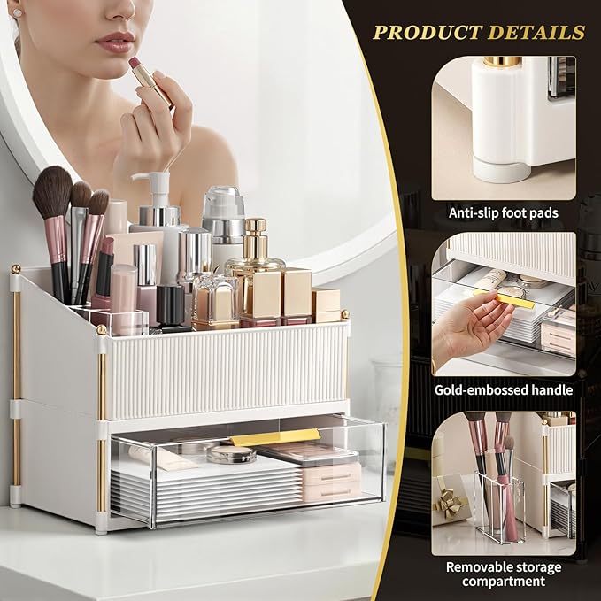 INVSSENE Stackable Makeup Organizer Countertop, Storage Perfume Skincare Cosmetic Lipstick Face Mask Makeup Brush Palettes, Ideal for Vanity Bathroom Counter