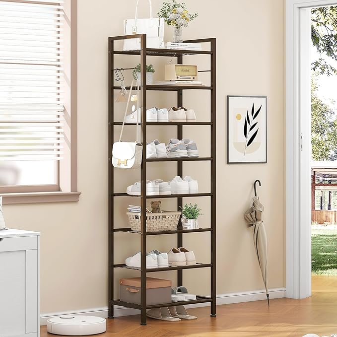 usikey 8 Tiers Narrow Shoe Rack 16-24 Pairs, Sturdy Metal Tall Shoe Rack with 4 Hooks, Slim Shoe Storage Organizer with Metal Shelf, Space Saving Vertical Shoe Shelf for Entryway BronzeUNYXJX016A