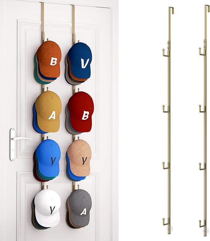 HapiRm Over Door Hat Rack - 2 Packs Hat Organizer with 8 Hooks Design, Hanging Baseball Cap Organizer Storage Holds Up to 40 Caps for Door, Bedroom, Closet (Gold)