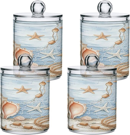 ALAZA 2pcs Starfish Seashell Tropical Beach Qtip Holder Dispenser 14 oz Bathroom Storage Clear Apothecary Jars Containers Cotton Ball,Cotton Rounds,Floss Picks, Hair Clips, Food