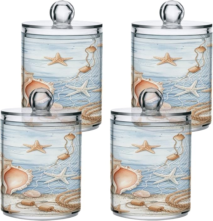 ALAZA 4pcs Starfish Seashell Tropical Beach Qtip Holder Dispenser 14 oz Bathroom Storage Clear Apothecary Jars Containers Cotton Ball,Cotton Rounds,Floss Picks, Hair Clips, Food